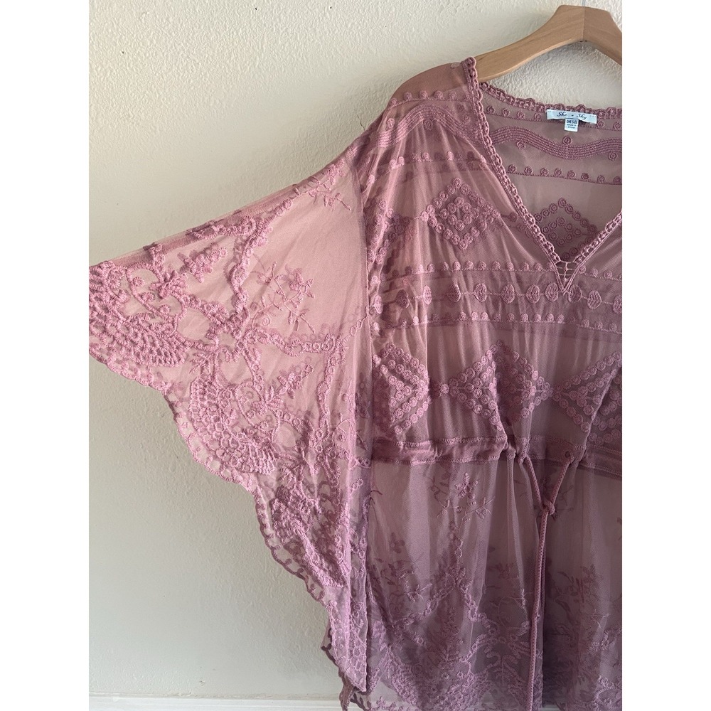 She + Sky Laced Lilac Purple Embroidered Kimono Top Sheer One Size Boho Festival